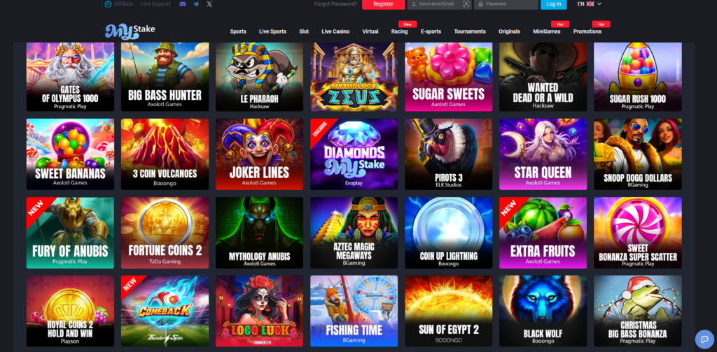MyStake Casino showing extensive game library and sportsbook navigation