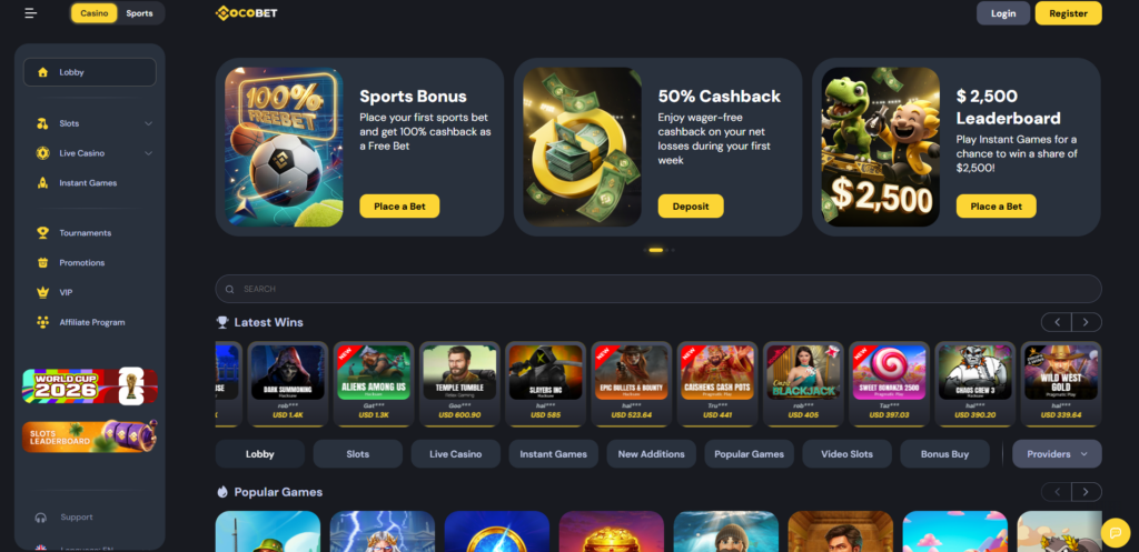 CocoBet Casino interface showing crypto payment options and game lobby