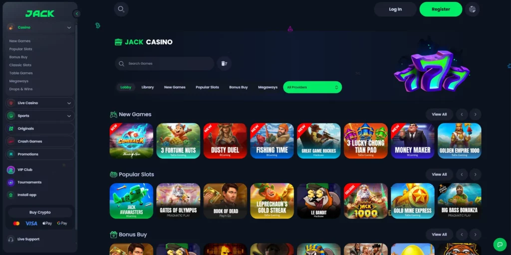 JACK Casino homepage showing crypto casino interface and game lobby